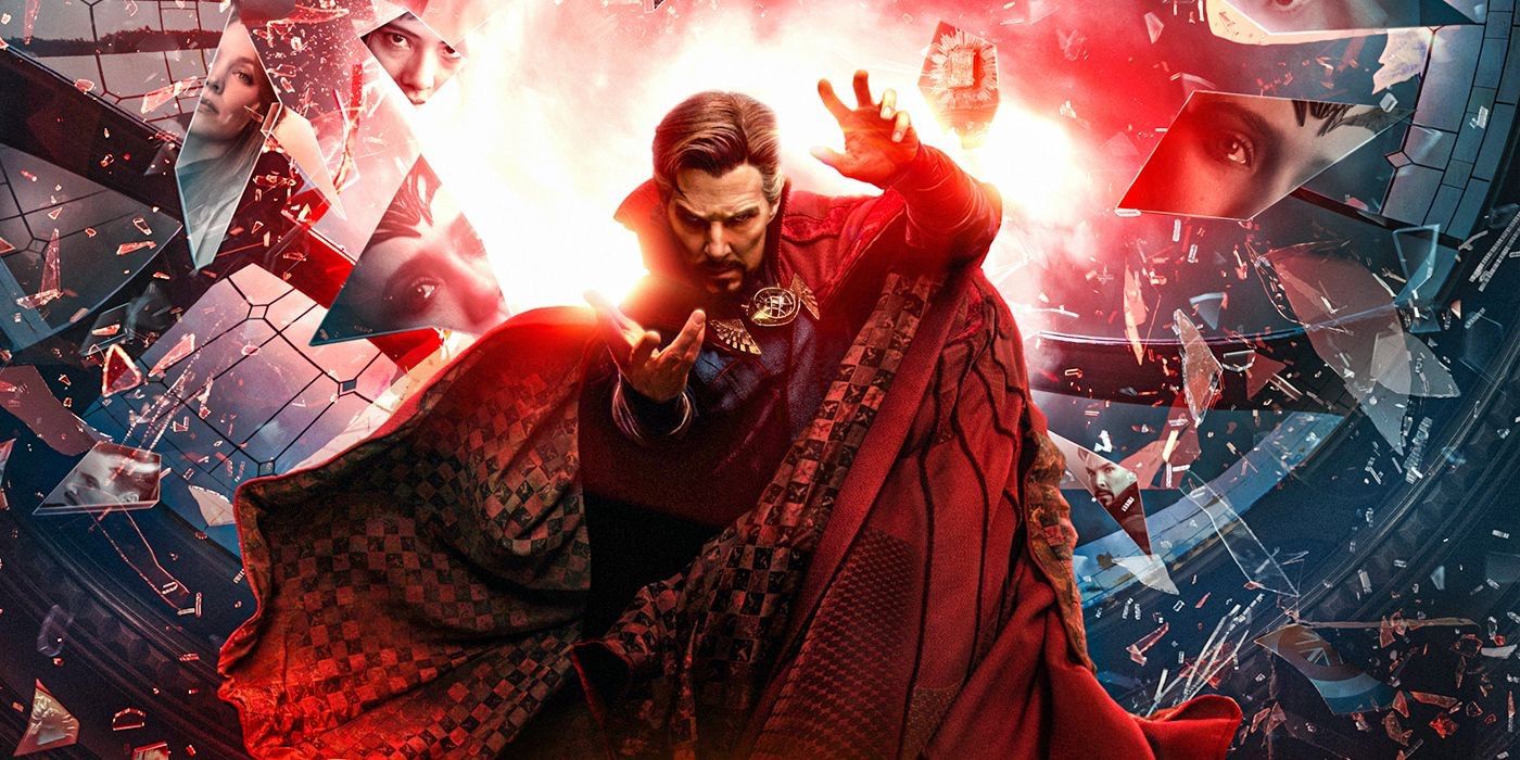 Une affiche de Benedict Cumberbatch dans le rôle du Docteur Strange dans Doctor Strange in the Multiverse of Madness montrant le Docteur Strange utilisant ses pouvoirs entouré de verre brisé.