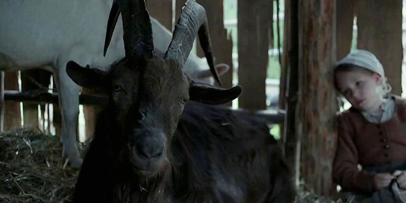 Phillip le bouc noir dans une grange regardant vers la caméra dans The Witch