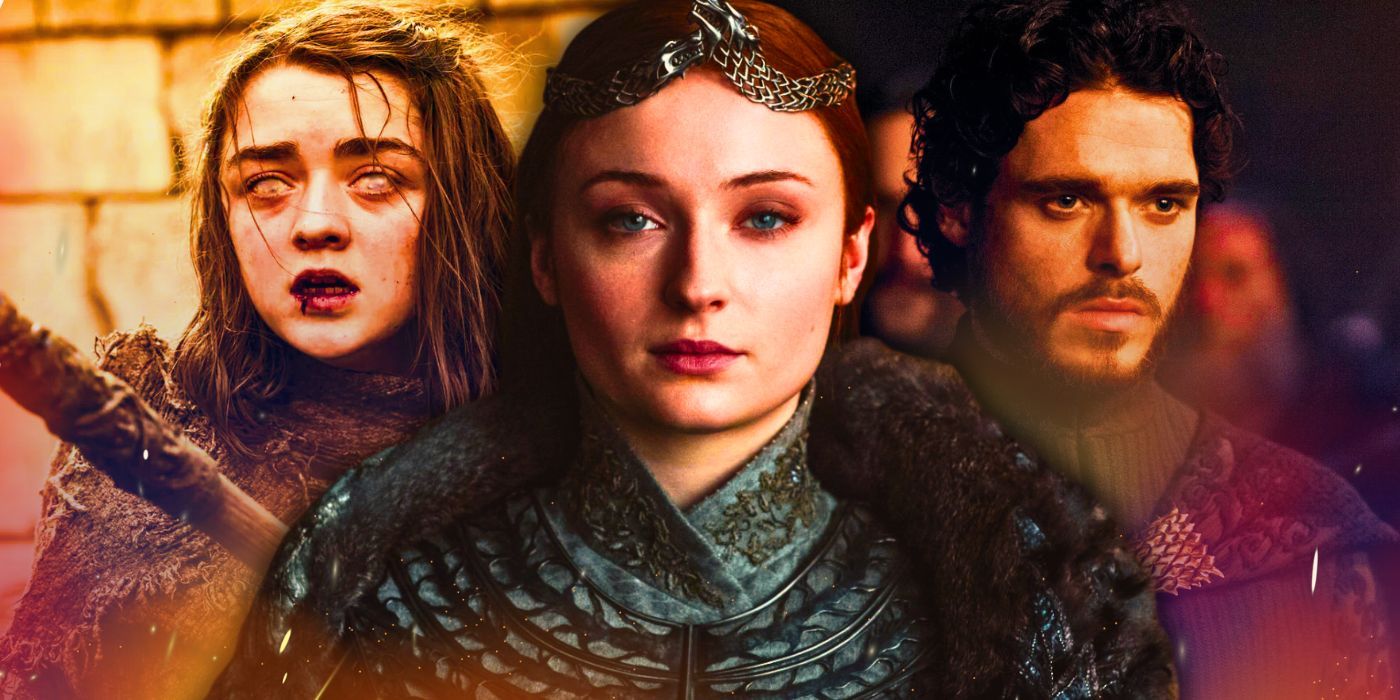 Maisie Williams dans le rôle d'Arya Stark aveugle à Essos, Sophie Turner dans le rôle de Sansa Stark devenant reine du Nord et Richard Madden dans le rôle de Robb Stark.