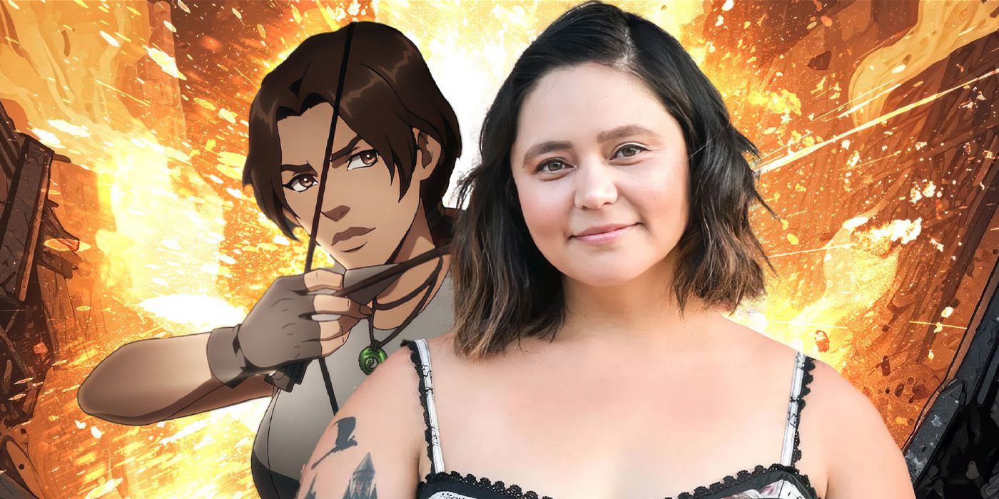 Tasha Huo de l'anime Tomb Raider de Netflix avec Lara Croft en arrière-plan