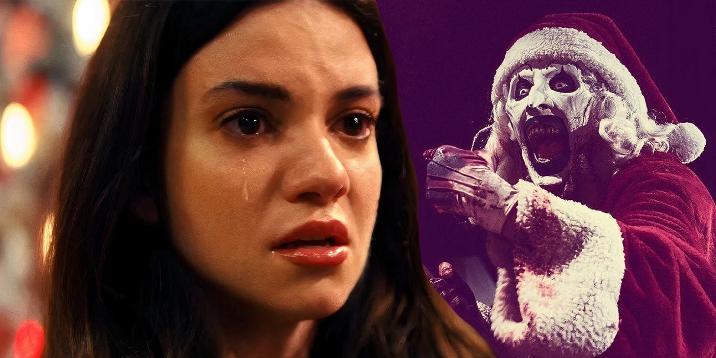 Une image composite de Sienna pleurant devant Art the Clown souriant tout en tenant une hache dans Terrifier 3