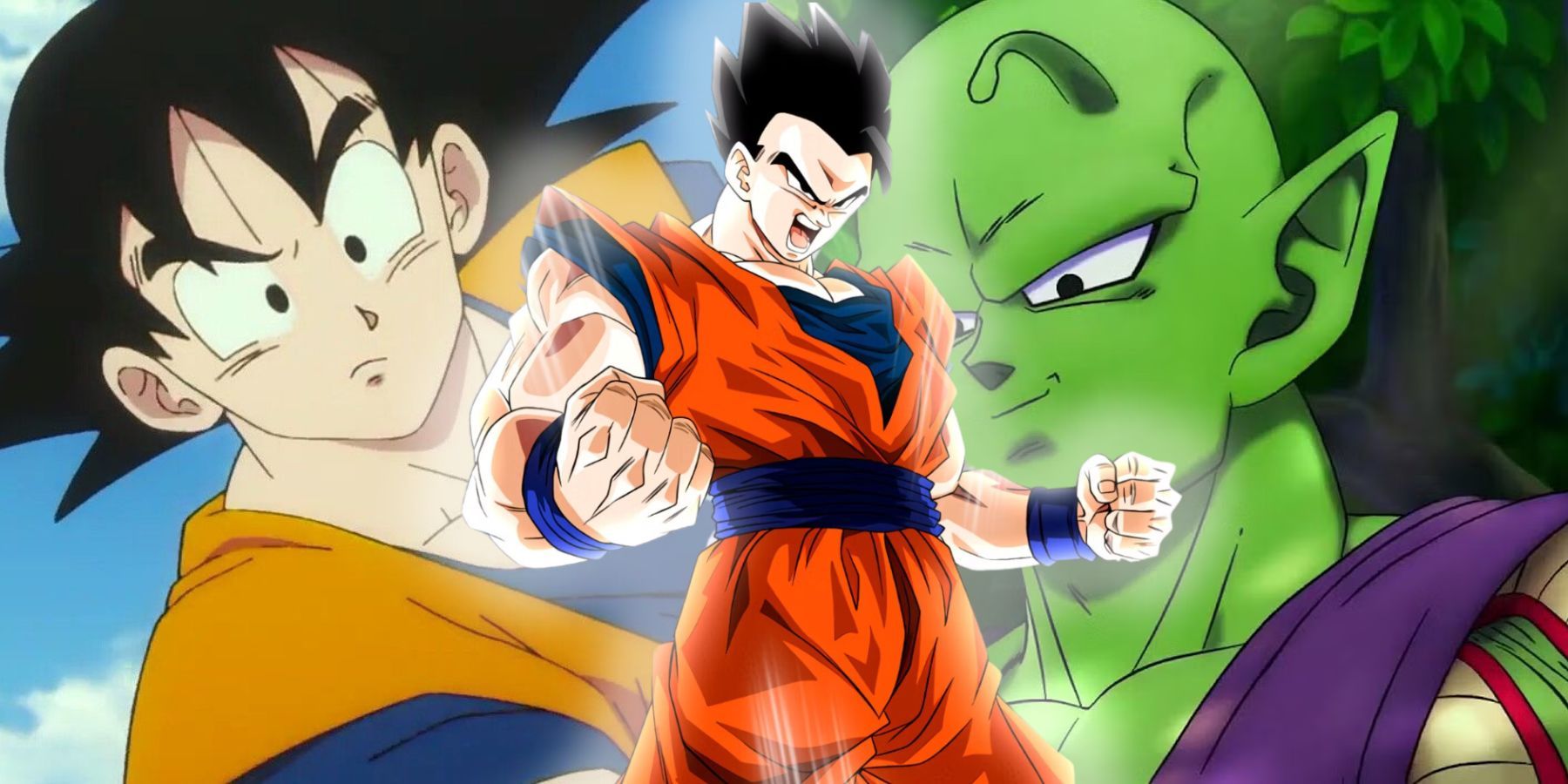Gohan au centre s'allume alors que Goku et Piccolo le regardent confus dans une image de type collage