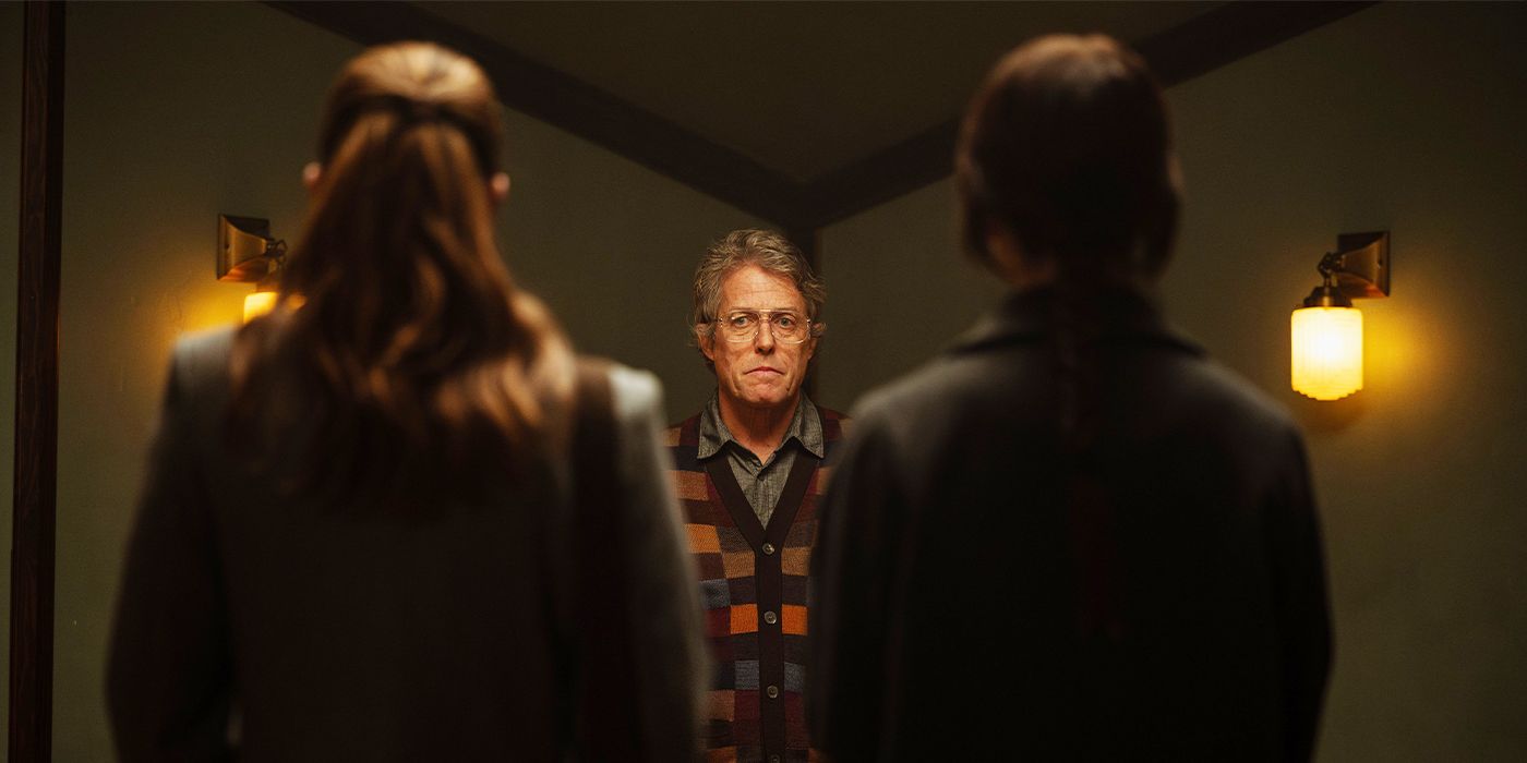 Une photo sinistre de Hugh Grant encadrée entre Chloe East et Sophie Thatcher dos à la caméra