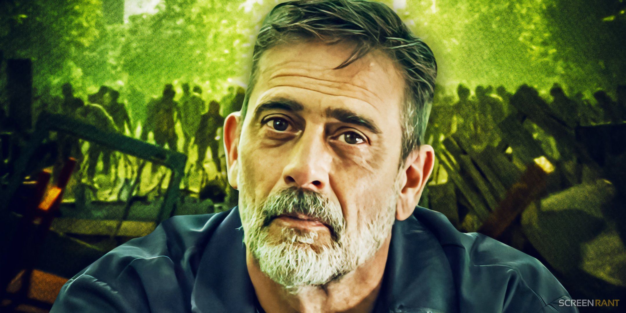 Jeffrey Dean Morgan dans le rôle de Negan dans The Walking Dead devant des zombies sur fond vert.